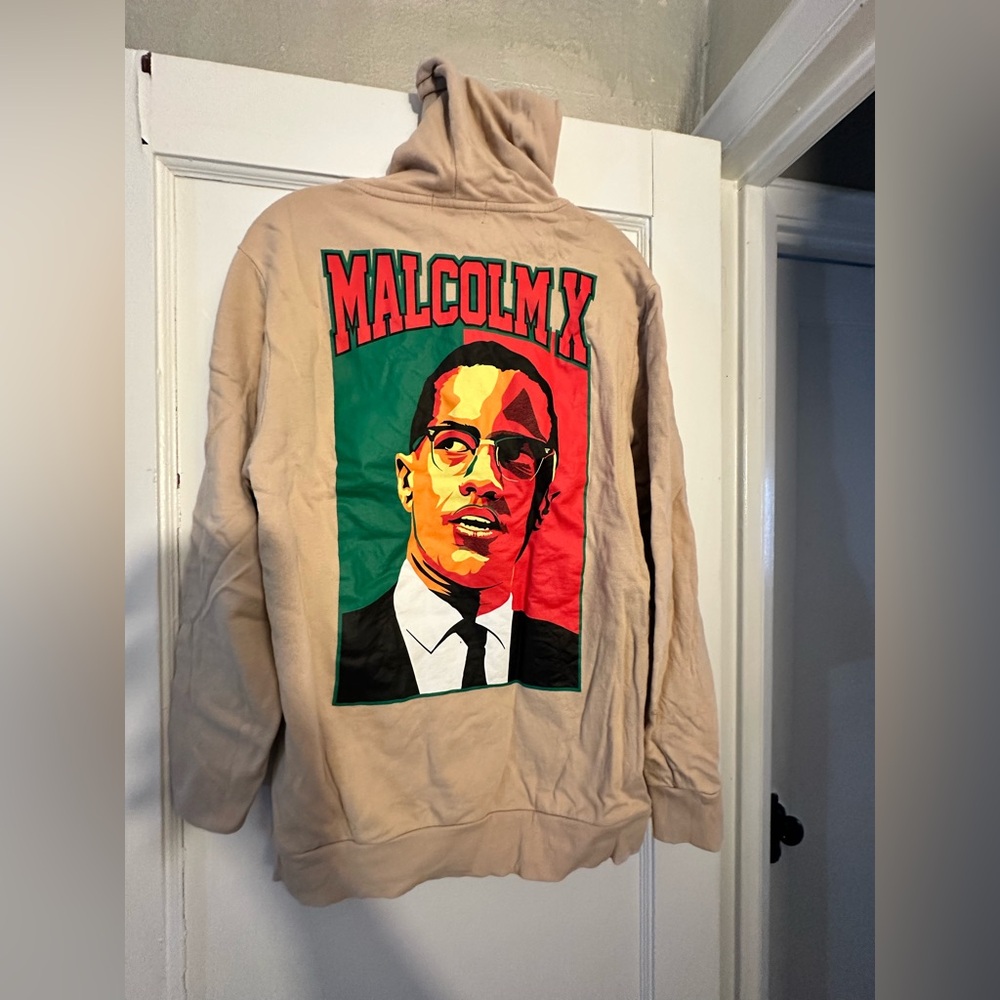 Beige Hoodie with Malcolm X Graphic